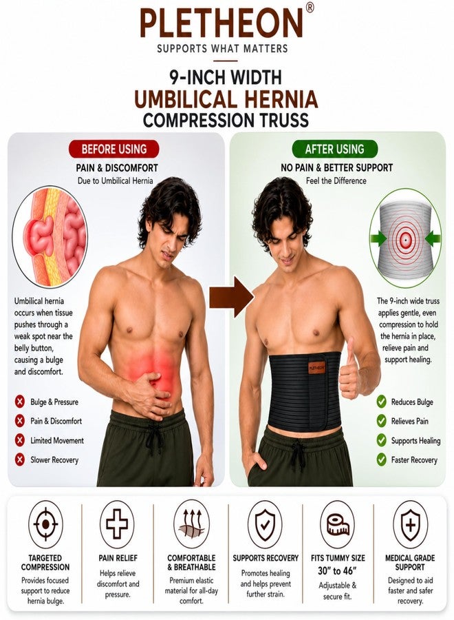 PLETHEON Umbilical Hernia Belt for Men & Women Fits 30-46 Inch | Hernia Support Belt with Removable Compression Truss Pad | Abdominal Binder for Umbilical Ventral Incisional Navel Hernia Relief & Post Surgery Support (Black) - Image 4