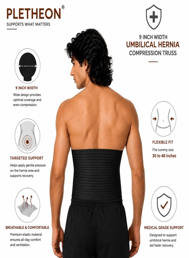 PLETHEON Umbilical Hernia Belt for Men & Women Fits 30-46 Inch | Hernia Support Belt with Removable Compression Truss Pad | Abdominal Binder for Umbilical Ventral Incisional Navel Hernia Relief & Post Surgery Support (Black) - Image 2