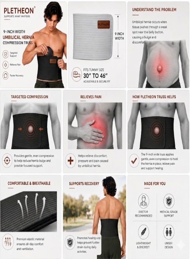 PLETHEON Umbilical Hernia Belt for Men & Women Fits 30-46 Inch | Hernia Support Belt with Removable Compression Truss Pad | Abdominal Binder for Umbilical Ventral Incisional Navel Hernia Relief & Post Surgery Support (Black) - Image 3