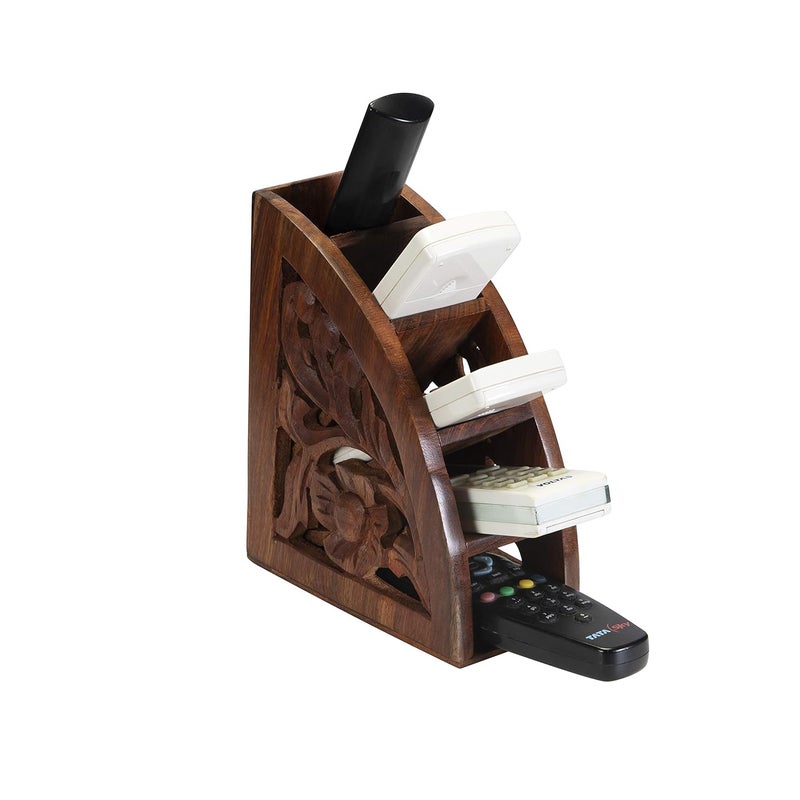 Terosa Rustic Indian Rosewood Remote Stand Organiser 5 Remotes Handcrafted Wooden - Image 1