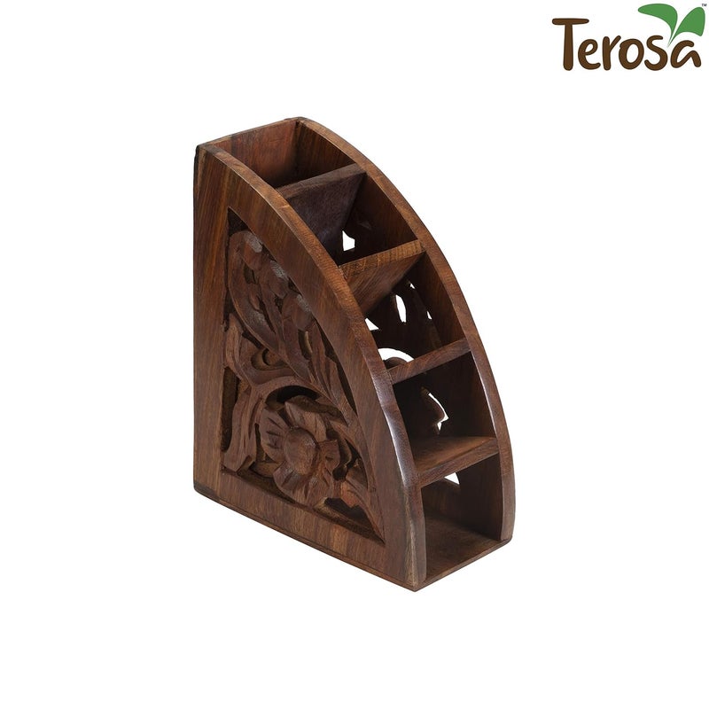 Terosa Rustic Indian Rosewood Remote Stand Organiser 5 Remotes Handcrafted Wooden - Image 2
