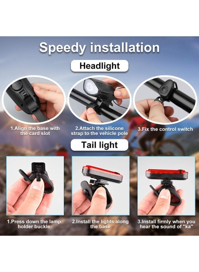 لياكم طقم إضاءة دراجة، إضاءة أمامية وخلفية LED بشعاع قوي، إضاءة أمامية وخلفية، إضاءة USB مع بوق عالٍ، 3 أوضاع إضاءة مقاومة للماء، إضاءة خلفية للدراجة، مصباح أمامي LED قابل لإعادة الشحن. - Image 2