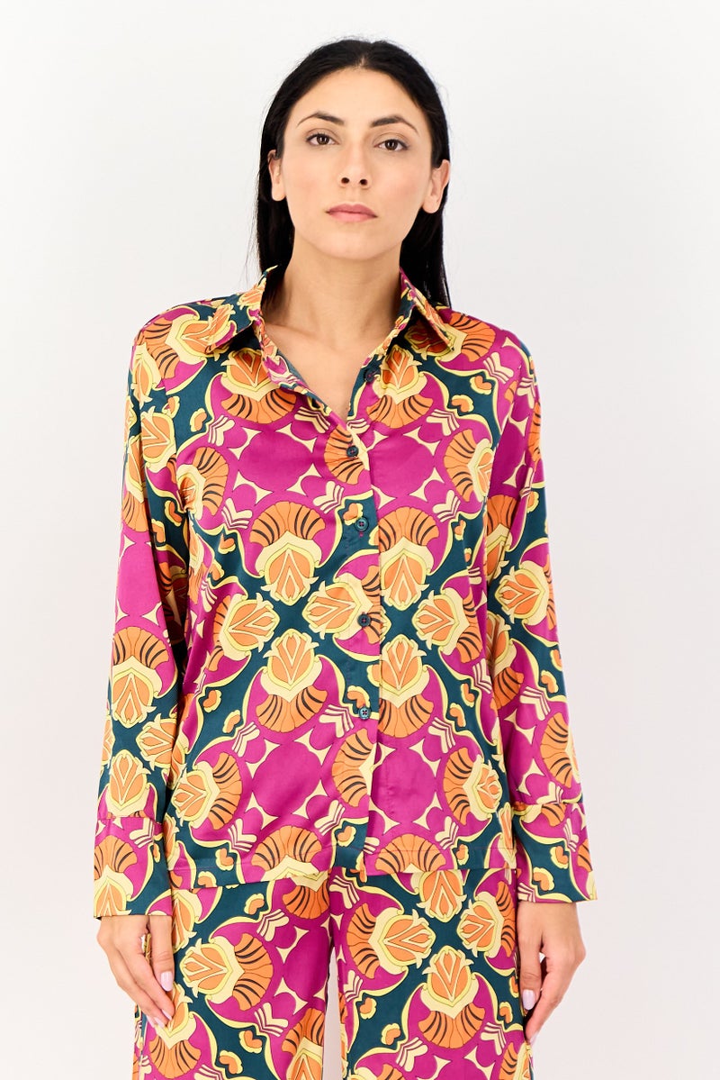 bebe Women 2 Pieces Allover Print Long Sleeves Nightwear Set, Multicolor - Image 3