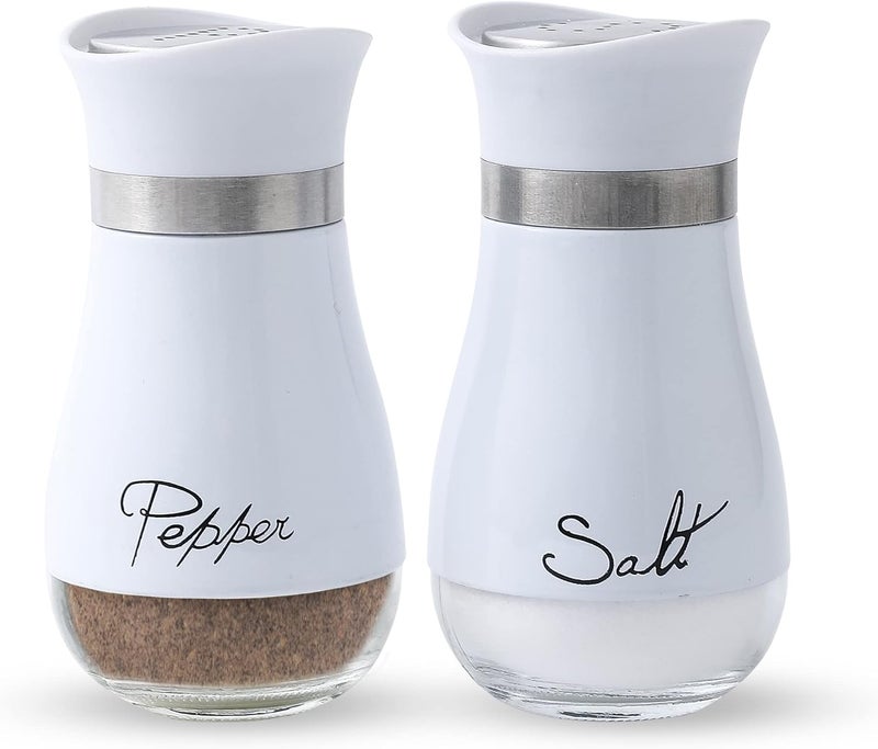 Lonffery Salt and Pepper Shakers Set  Salt Containers for Gifts Kitchen Decor Home RV Camp BBQ 4 oz Farmhouse Spice Dispenser with Glass Bottom White Set of 2 - Image 1