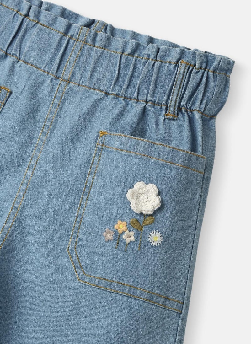 Nautinati Girls' Crochet Flowers Cotton Denim Jeans with Patch Pockets - Image 3