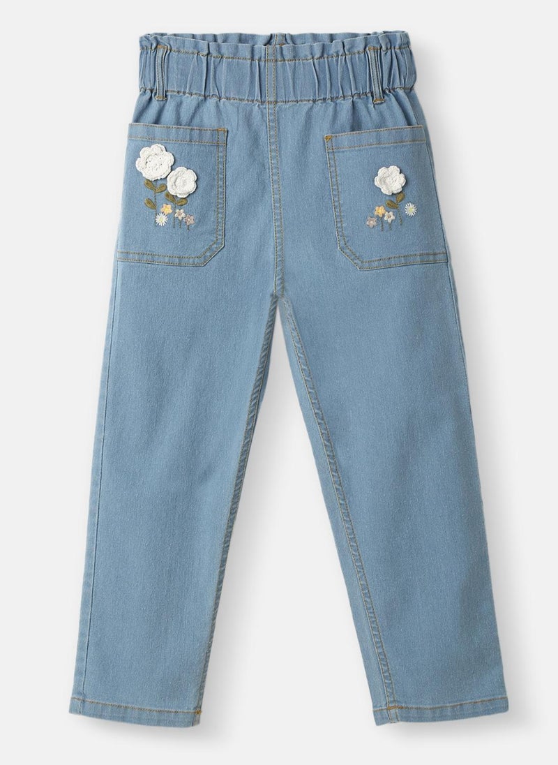 Nautinati Girls' Crochet Flowers Cotton Denim Jeans with Patch Pockets - Image 1