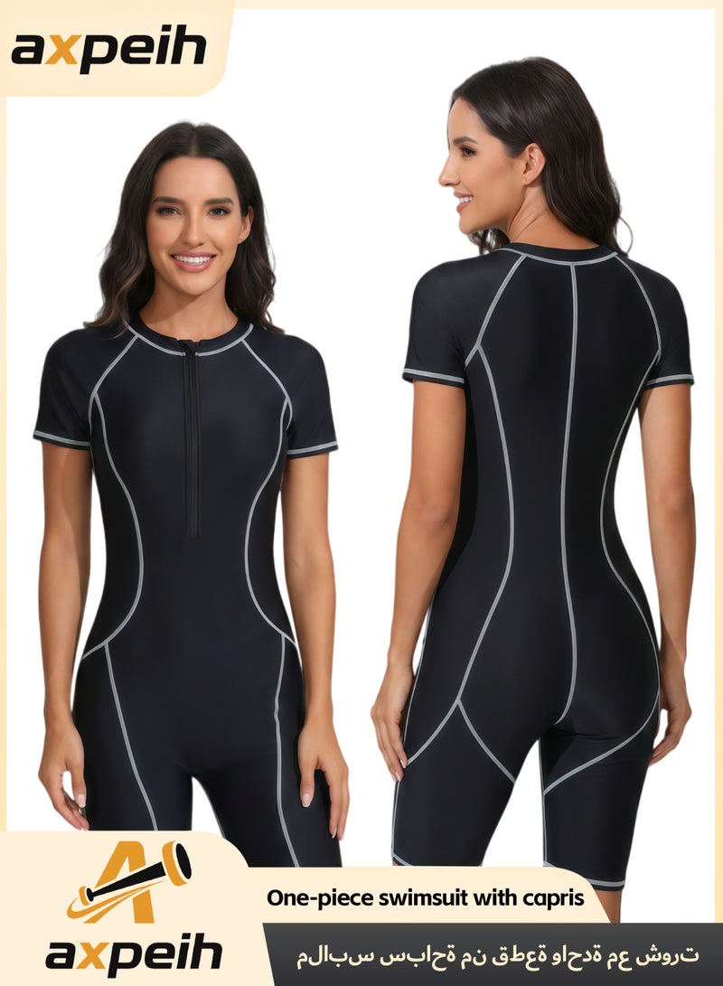 Axpeih Women One Piece Rash Guard Swimsuit Short Sleeve, Modest UV Protection Swimwear with Zip Front & Tummy Control, Quick Dry Sport Bathing Suit for Swimming Surfing Beach - Image 1