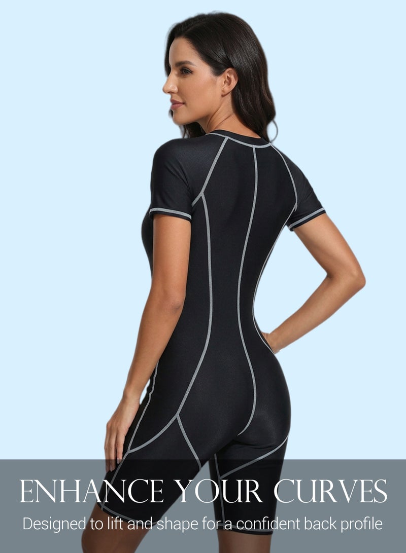 Axpeih Women One Piece Rash Guard Swimsuit Short Sleeve, Modest UV Protection Swimwear with Zip Front & Tummy Control, Quick Dry Sport Bathing Suit for Swimming Surfing Beach - Image 3