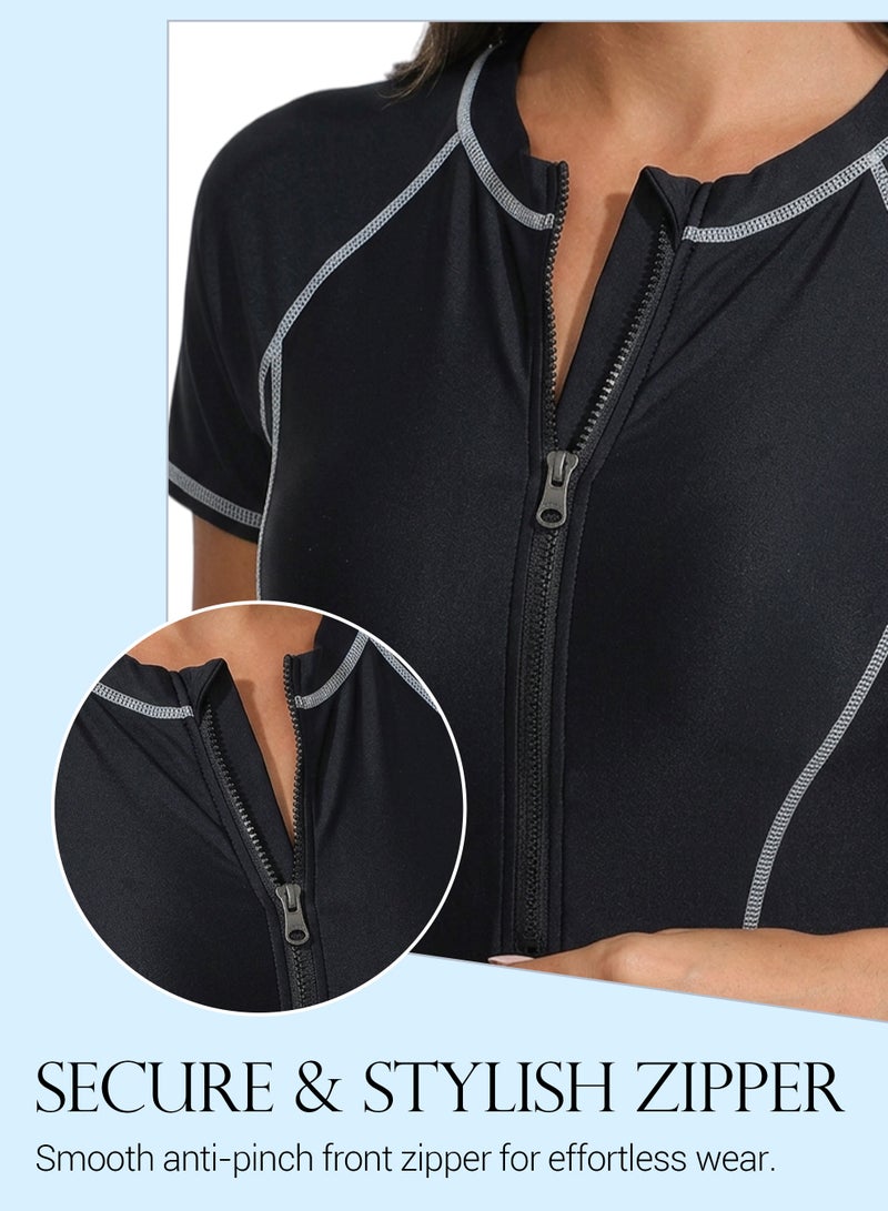 Axpeih Women One Piece Rash Guard Swimsuit Short Sleeve, Modest UV Protection Swimwear with Zip Front & Tummy Control, Quick Dry Sport Bathing Suit for Swimming Surfing Beach - Image 2