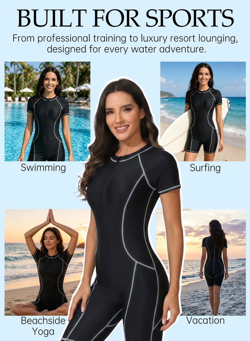 Axpeih Women One Piece Rash Guard Swimsuit Short Sleeve, Modest UV Protection Swimwear with Zip Front & Tummy Control, Quick Dry Sport Bathing Suit for Swimming Surfing Beach - Image 5