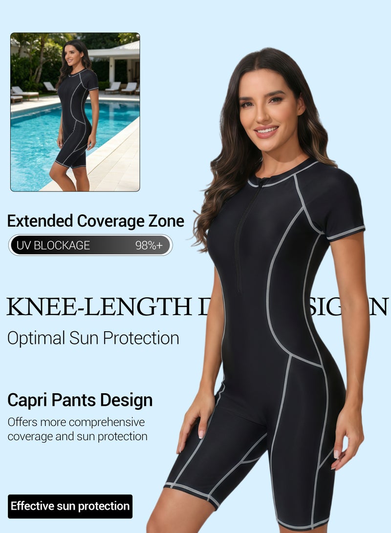 Axpeih Women One Piece Rash Guard Swimsuit Short Sleeve, Modest UV Protection Swimwear with Zip Front & Tummy Control, Quick Dry Sport Bathing Suit for Swimming Surfing Beach - Image 4