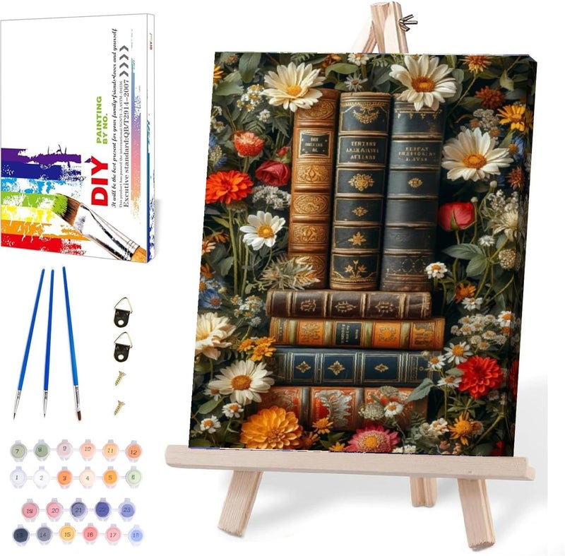 Clendo Book Paint by Numbers Kit for Adults Beginner, Flower Framed Adult's Paint by Number Kits with Easel, DIY Oil Painting Kits for Gift Home Wall Decor 12x16 Inch - Image 1