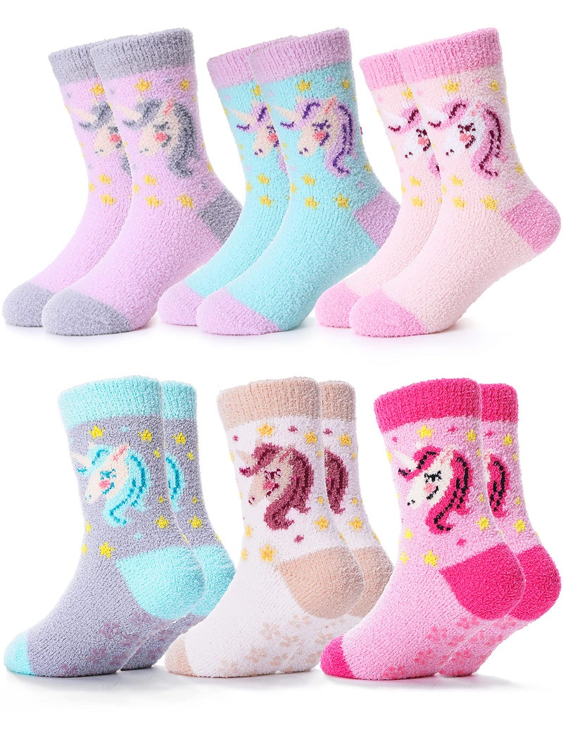 ANTSANG Toddler Kids Girls Unicorn Socks - Fuzzy Anti Skid Crew Slipper 6 Pack Gifts (Unicorn, 4-7 Y) - Image 1