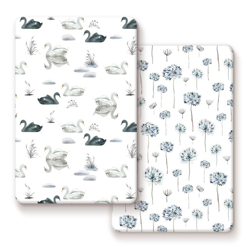 أوراق سرير Pack n Play ملائمة 2 عبوة مرنة فائقة النعومة من قماش الجيرسي المحبوك أوراق Pack and Play ملائمة عالمية لمراتب سرير الأطفال المحمولة الصغيرة نمط أنيق وآمن للصبيان والبنات