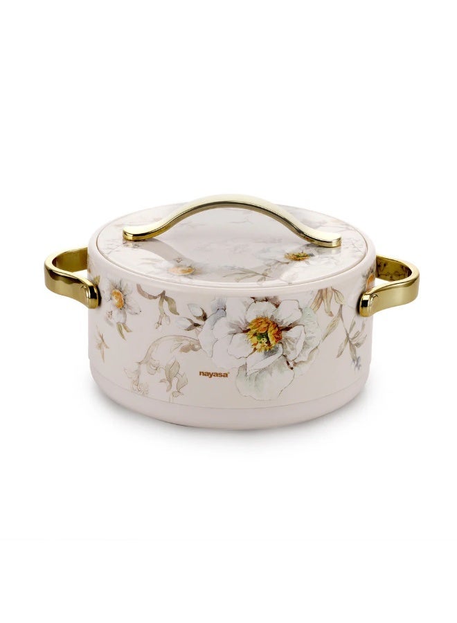 NAYASA Bethany Deluxe Insulated Casserole | Plastic Hotpot with Stainless Steel Inner Lid | Double Wall Food Warmer | Floral Design with Gold Handles- SPRING 1500ML - Image 1