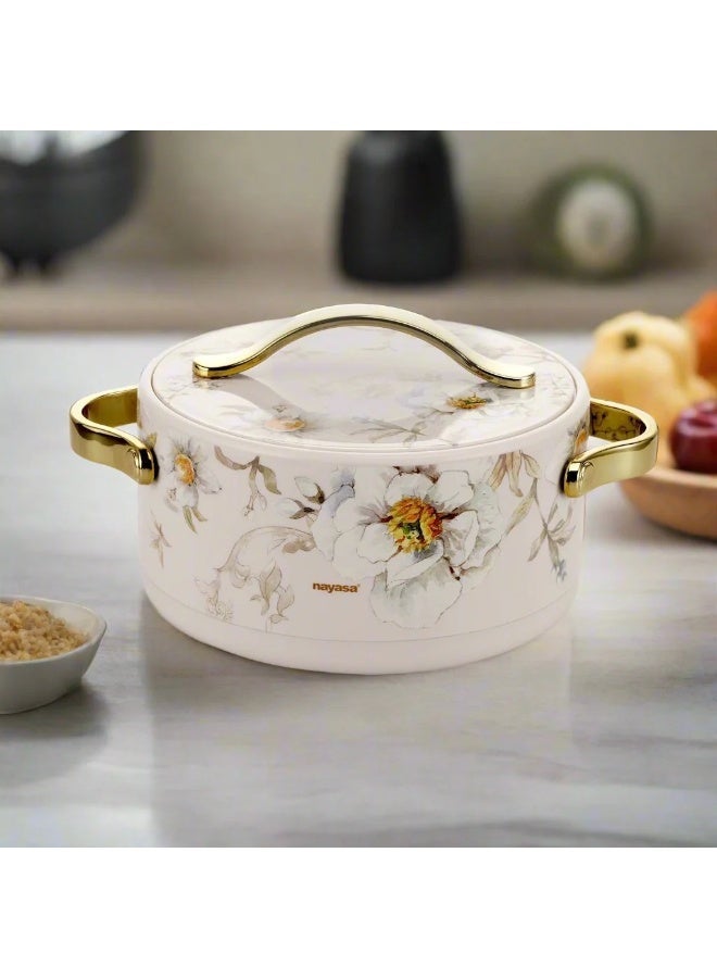 NAYASA Bethany Deluxe Insulated Casserole | Plastic Hotpot with Stainless Steel Inner Lid | Double Wall Food Warmer | Floral Design with Gold Handles- SPRING 1500ML - Image 2