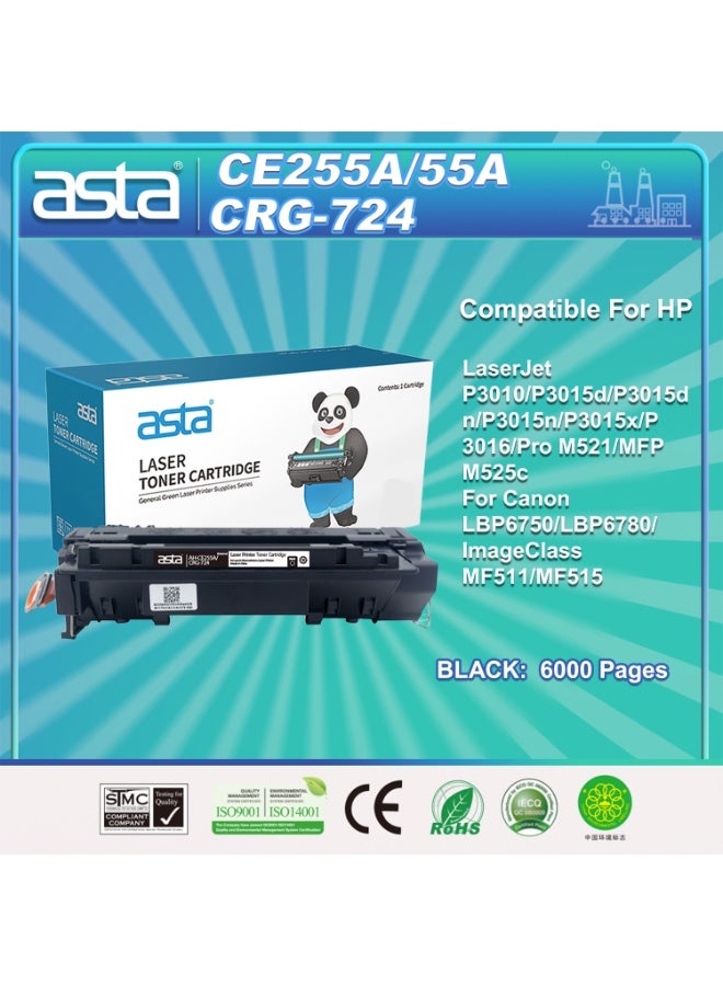 ASTA CE255A CRG724 55A Universal Toner Cartridge Compatible For HP Canon LaserJet P3010 P3015d P3015dn P3015n P3015x P3016 Pro M521 MFP M525c LBP6750 LBP6780 ImageClass MF511 MF515 Printer CRG-724 CRG 724 High Efficiency Crisp Premium Quality Printing - Image 1