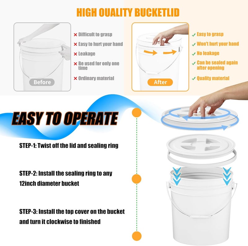 AODESTINY 4 Pieces 5 Gallon White Bucket Lids, 12inch Leak-proof Plastic Seal Screw Top Airtight Lids, Reusable Drum & Pail Lid for Pet Food Storage, Home Paint Storage and Industrial Storage Buckets - Image 3