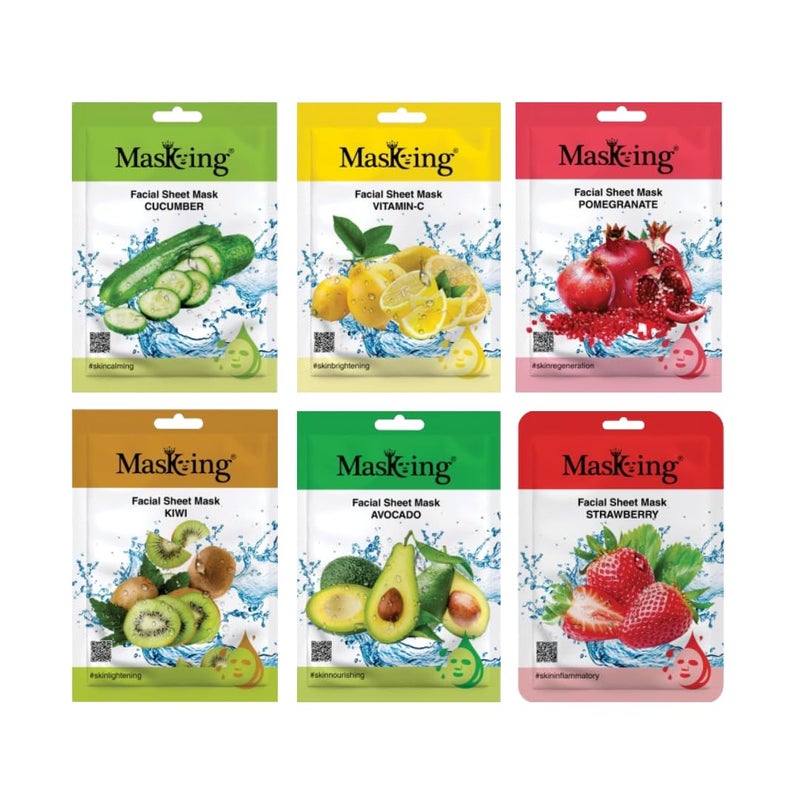 MasKing Beauty Cucumber VitaminC Pomegranate Kiwi Avocado Strawberry extract Facial sheet mask for glowing and hydrating skin daily Skin care combo pack of 6 - Image 1