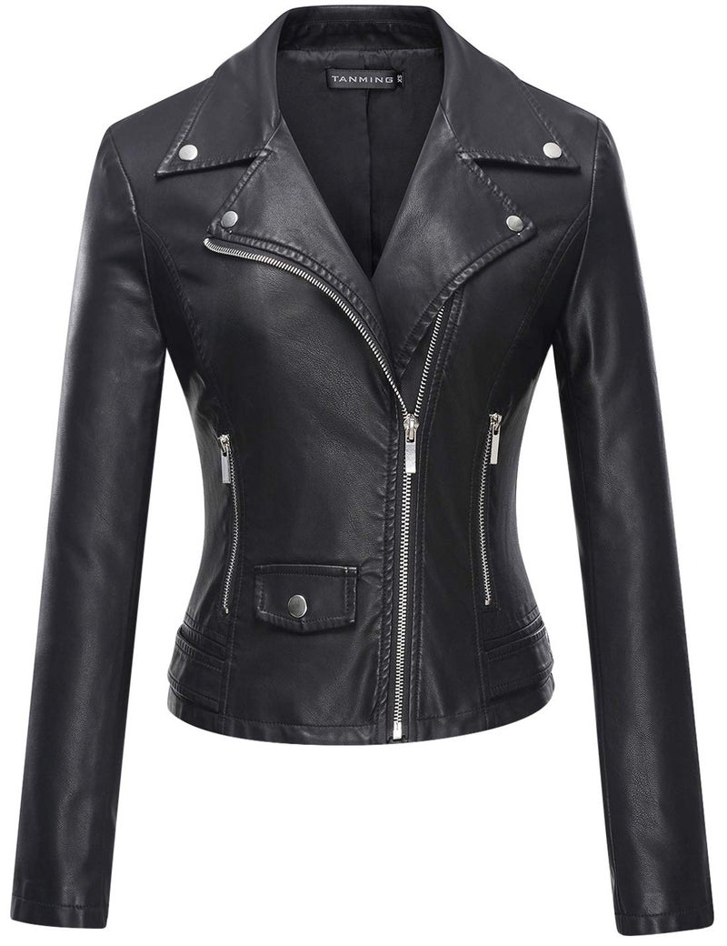 Tanming Womens Faux Leather Moto Biker Short Coat Jacket BlackS