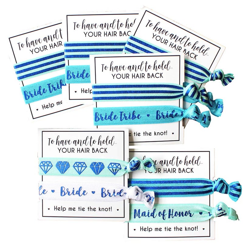 Bachelorette to Bride Bride Tribe Hair Tie Cards. to Have and to Hold, Your Hair Back. Help Me Tie The Knot. Bachelorette, Wedding Shower, Party Favors for Bridesmaids (Pack of 6, Blue) - Image 3