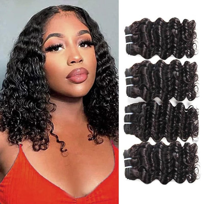 FASHION LINE Brazilian Body Wave/Water Wave/Deep Wave/Funmi/Human Hair Bundles Unprocessed Human Hair Natural Black(Deep Wave, 14" 4 Bundles)