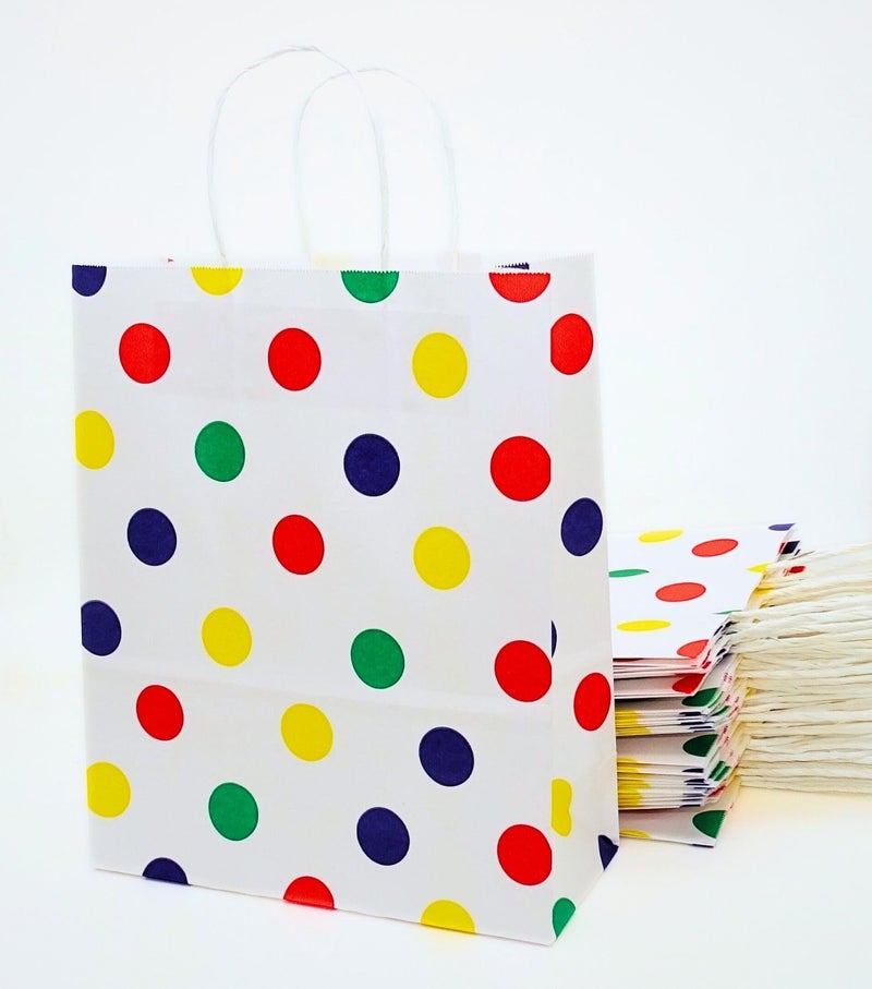 RanGit Bhumi Gift Bags - 20pcs Medium size Multicolor Polka Dots Paper carry Bags For Return Gifts, Party favor gifting covers for kids birthday, wedding, engagement and other festivals Size: 9x4x11 inch (Pack of 20) - Image 1