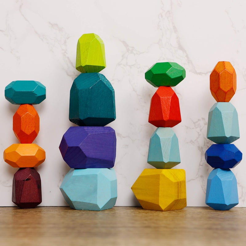 Cllayees 16 Pcs Wooden Stacking Blocks Rocks Building Toys Colored Solid Wood Stones PreSchool Educational Games Creative Toys for Kids Toddlers - Image 3