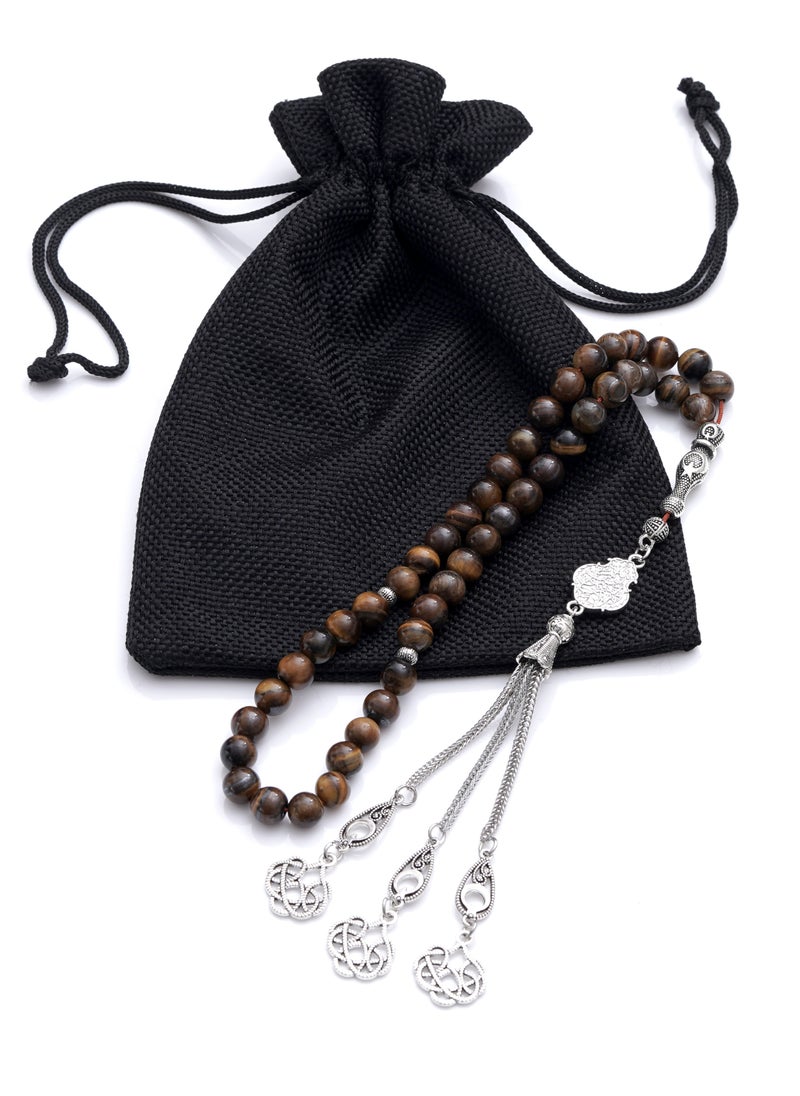 Subhati Prayer Beads (Misbah ) with metal Parts and  Tiger Eye Stone | 8 MM Beads - 45 Pcs |Gandeel Writing 5  - Image 3