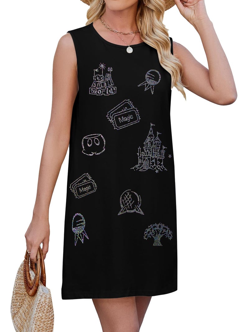 BANGELY Magical Women Dress Love Castle Graphic Magic Princess Family Vacation Party Sleeveless Knee Length Outfit Black - Image 1