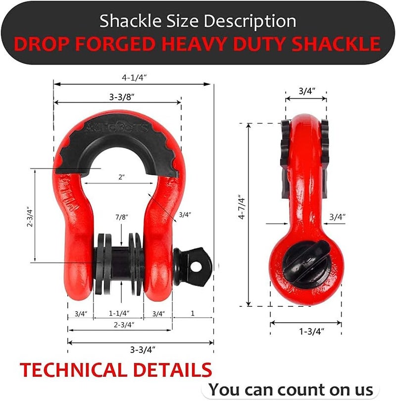 AUTOBOTS Shackles 3/4" (2 Pack), D Ring Shackles 45,000Ib Max Break Strength with 7/8" Pin & Isolator Washers Heavy Duty Clevis Shackle for Tow Strap Jeep Vehicle Off Road Recovery Red-Black - Image 2