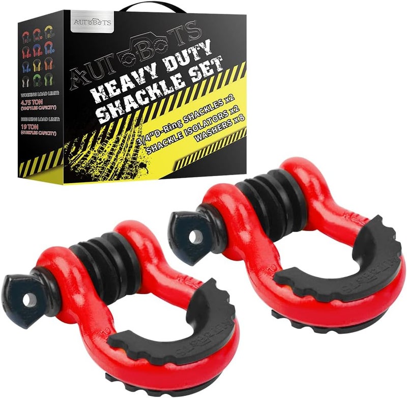 AUTOBOTS Shackles 3/4" (2 Pack), D Ring Shackles 45,000Ib Max Break Strength with 7/8" Pin & Isolator Washers Heavy Duty Clevis Shackle for Tow Strap Jeep Vehicle Off Road Recovery Red-Black - Image 1