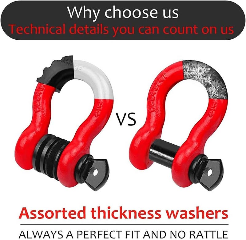 AUTOBOTS Shackles 3/4" (2 Pack), D Ring Shackles 45,000Ib Max Break Strength with 7/8" Pin & Isolator Washers Heavy Duty Clevis Shackle for Tow Strap Jeep Vehicle Off Road Recovery Red-Black - Image 4