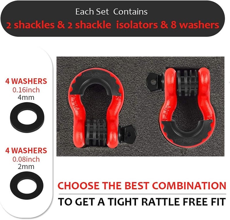 AUTOBOTS Shackles 3/4" (2 Pack), D Ring Shackles 45,000Ib Max Break Strength with 7/8" Pin & Isolator Washers Heavy Duty Clevis Shackle for Tow Strap Jeep Vehicle Off Road Recovery Red-Black - Image 3