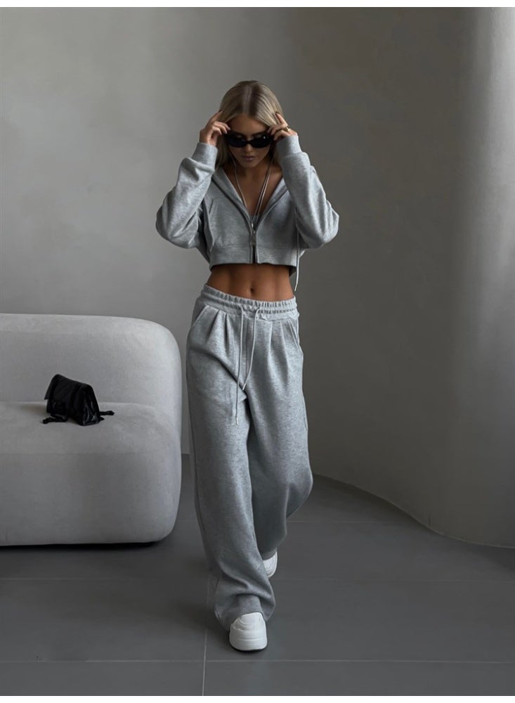 NIBEMINENT Casual Sport Tracksuit Women Hooded Two Pieces Set Sweatshirts Zipper Solid High Waist Pockets Pants Suit Outwear Autumn - Image 1