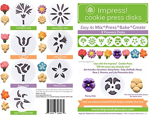 Impress! cookie press disks Impress Cookie Press Disks – Flowers Set of 8, Food Safe Plastic Shapes with Pansy, Daffodil, Tulip, & More, Fits Many Manual Models - See Disk Sizing Image to ensure fit with your press - Image 2