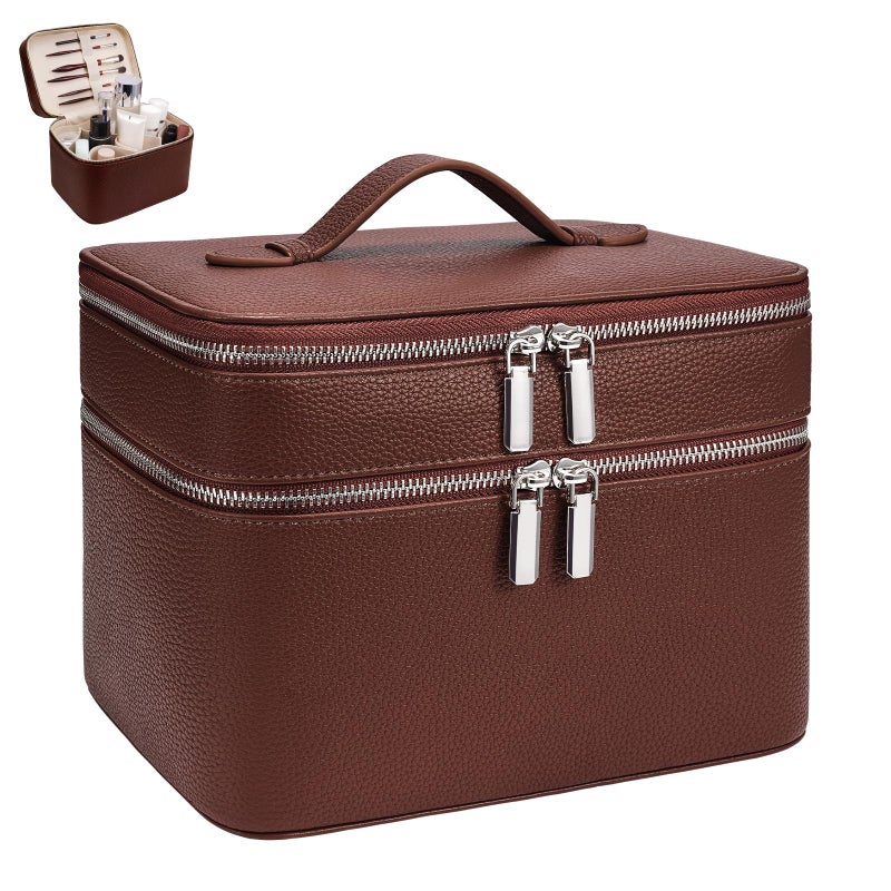 idoltimes Makeup Case, Large Capacity Leather Makeup Bag for Women,Large Capacity Waterproof Double Leather Cosmetic Case,Removable Compartment Travel Organizer - Image 1