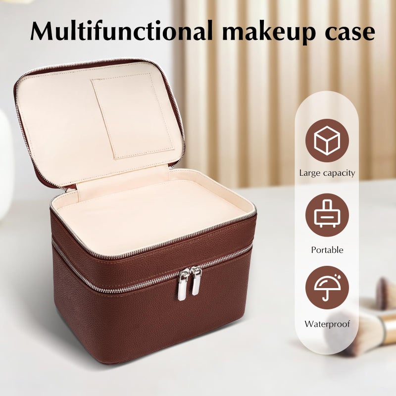 idoltimes Makeup Case, Large Capacity Leather Makeup Bag for Women,Large Capacity Waterproof Double Leather Cosmetic Case,Removable Compartment Travel Organizer - Image 5