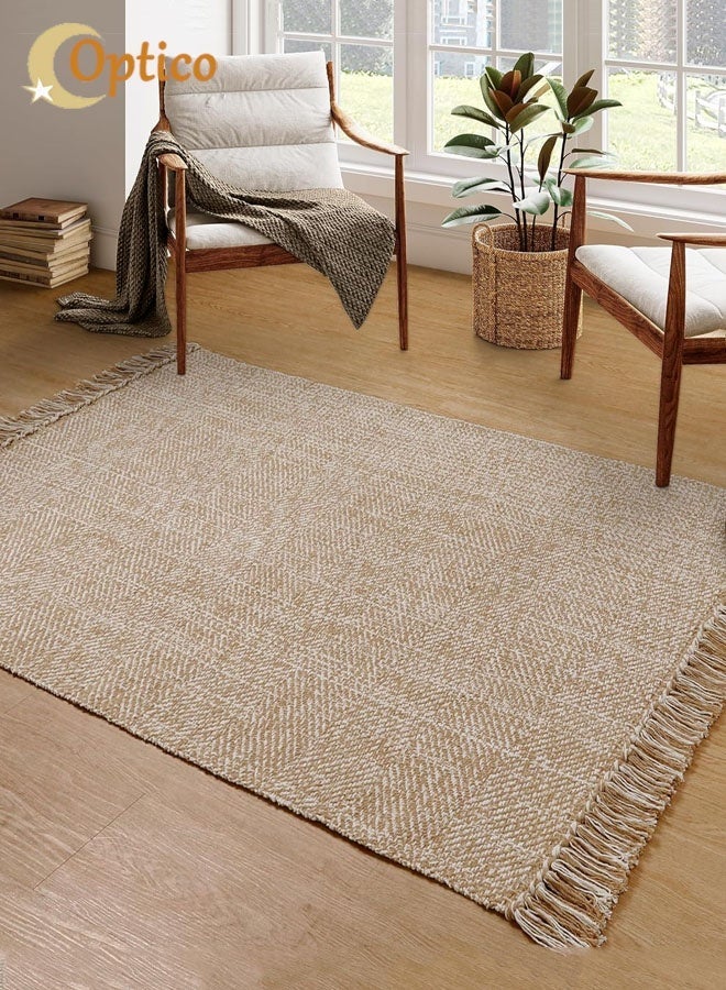 Optico Boho Small Rug,  Hand-Woven Kitchen Rugs, Cotton Reversible Washable Modern Farmhouse Carpet Kitchen Rug with Tassels, Small Cotton Indoor Accent Area Rug, Washable Woven Chic Throw Rug for Foyer Bathroom Bedroom Back Door - Image 1