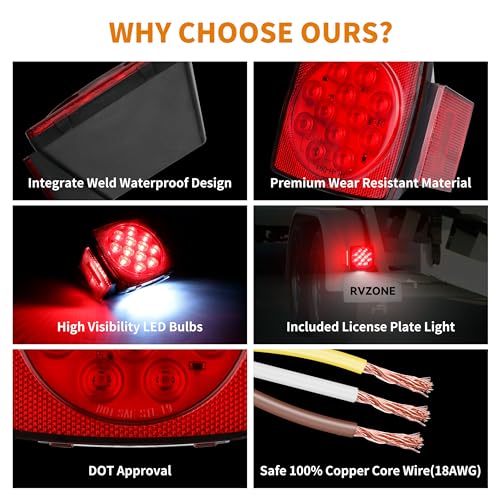 RVZONE Trailer Lights LED Kit, 12V Submersible Boat Trailer Lights Utility Led Lighting with License Plate Lights, Marker Brake Lights, Wiring Harness, for Trailer Boat Truck RV - Image 4