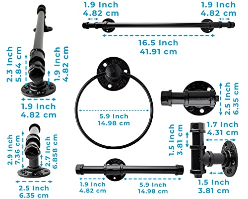 Comfify مجموعة ديكور أنابيب صناعية للحمام - مجموعة تجهيزات الحمام 4 قطع: 1 حامل ورق، 1 خطاف رداء، 1 حلقة منشفة و 1 قضيب منشفة باللون الأسود غير اللامع - ملحقات حمام على طراز المزرعة مع براغي ومرابط - مربع - Image 3