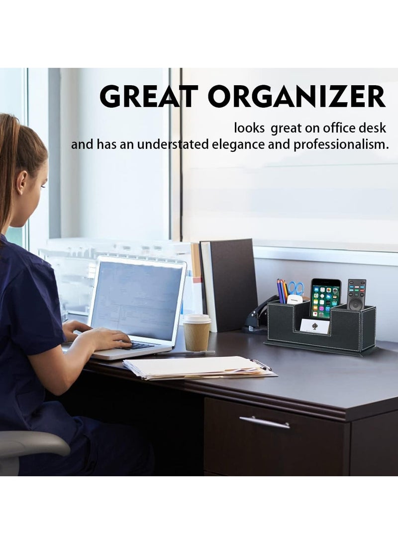 Relex Desk Organizer Office Supplies Caddy Pu Leather Multi-function Storage Box Pen, Pencil,Cell phone, Business Name Cards Remote Control Holder Black  - Image 4
