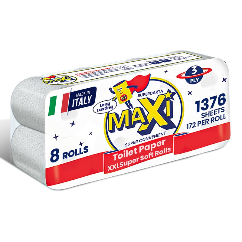 Maxi Supercarta 3-Ply Tissue Paper Toilet Rolls - 8 Rolls, 172 High Absorbent Sheets per Roll - Extra Soft, Durable & Highly Absorbent Tissue - Image 1