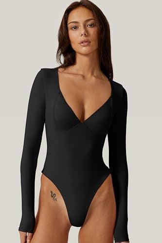 QINSEN بدلة كوينسين السوداء للنساء بتصميم ثونغ مع ياقة قلبية مثيرة بأكمام طويلة مقاس XS - Image 4