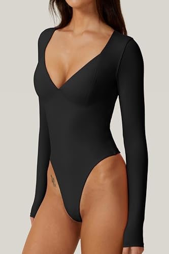 QINSEN بدلة كوينسين السوداء للنساء بتصميم ثونغ مع ياقة قلبية مثيرة بأكمام طويلة مقاس XS - Image 3