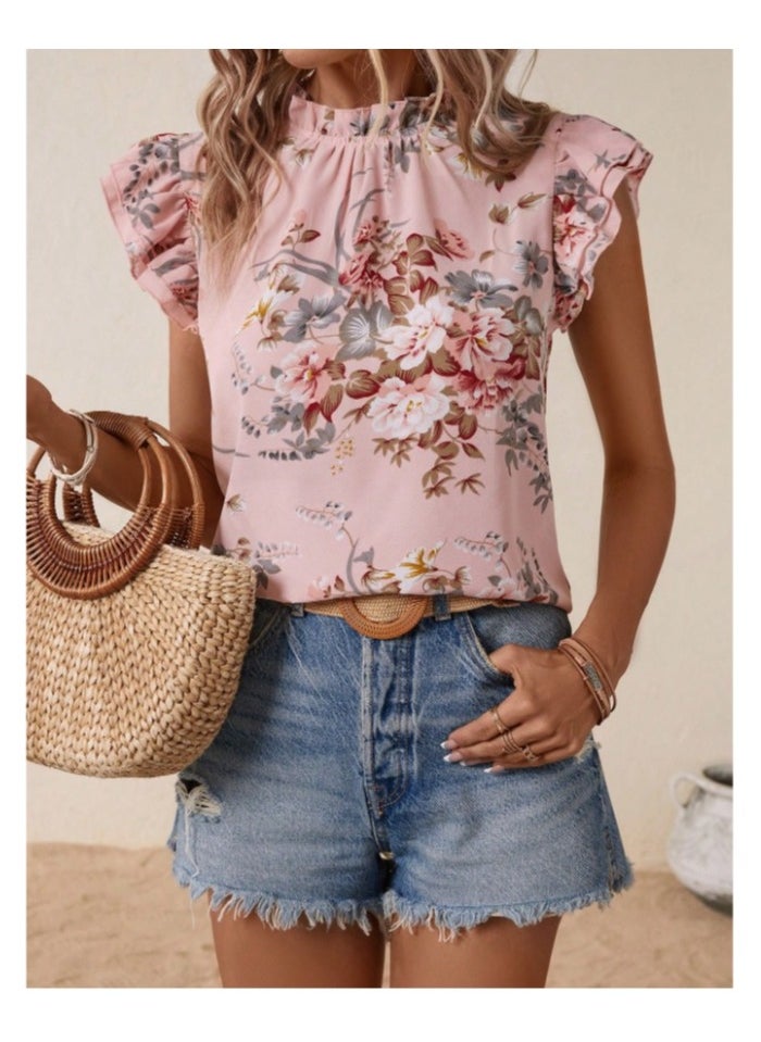 Shein Printed Velvet Ruffle Collar Car Park Blouse  - Image 1