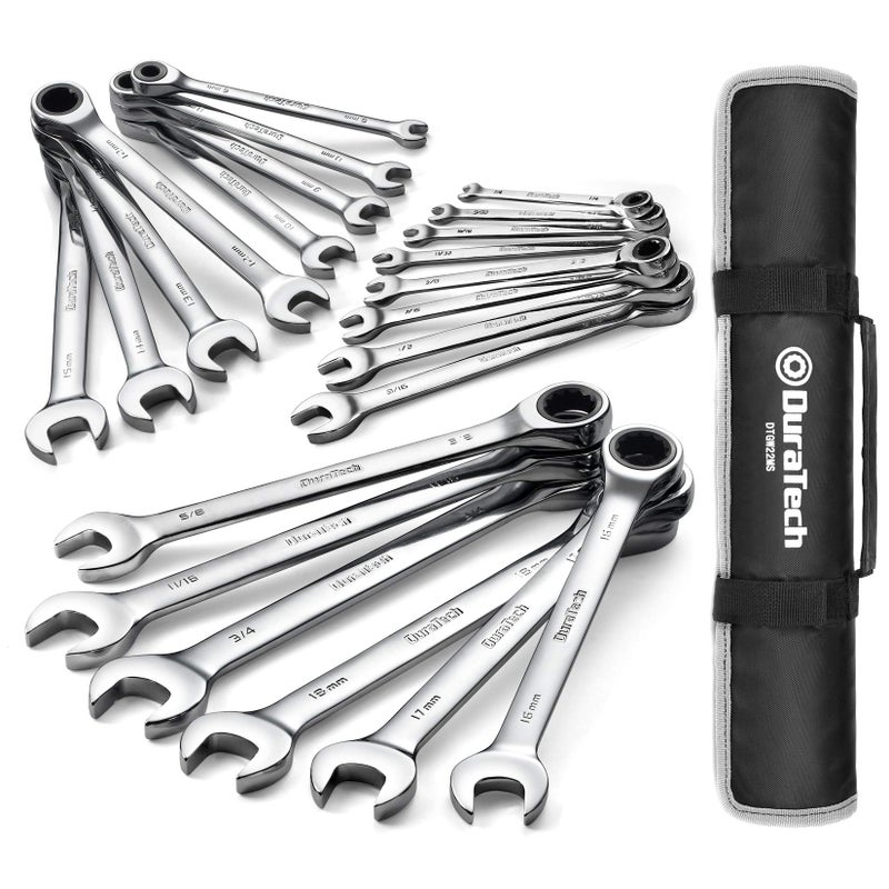 DURATECH Ratcheting Wrench Set, Combination Wrench Set, SAE & Metric, 22-piece, 1/4" to 3/4" & 6-18mm, CR-V Steel, with Pouch - Image 1