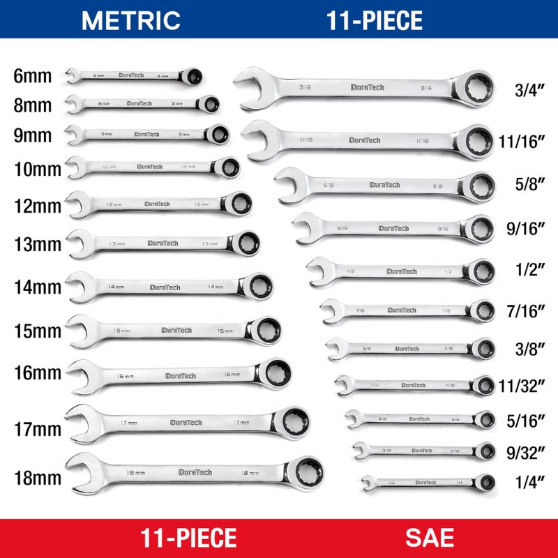 DURATECH Ratcheting Wrench Set, Combination Wrench Set, SAE & Metric, 22-piece, 1/4" to 3/4" & 6-18mm, CR-V Steel, with Pouch - Image 2