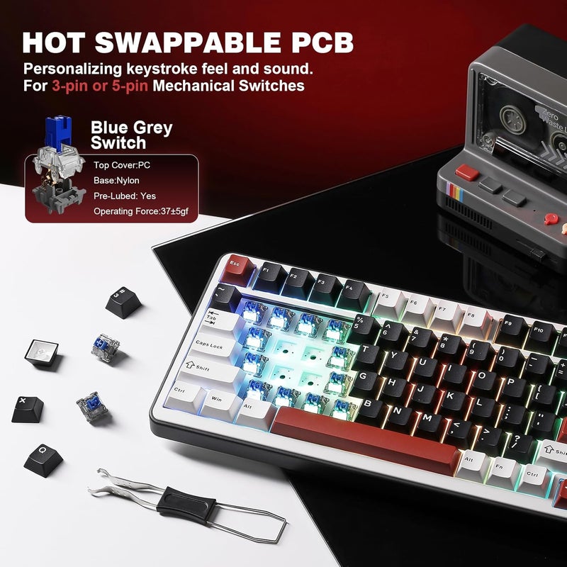 YUNZII B75 PRO Wireless Mechanical Keyboard,75% Layout with Knob,Hot Swap Gasket Custom Structure,Creamy Pre-lubed Switches,RGB Backlit,Bluetooth/Type-C/2.4G for Win/Mac (Blue Grey Switch,Black) - Image 5