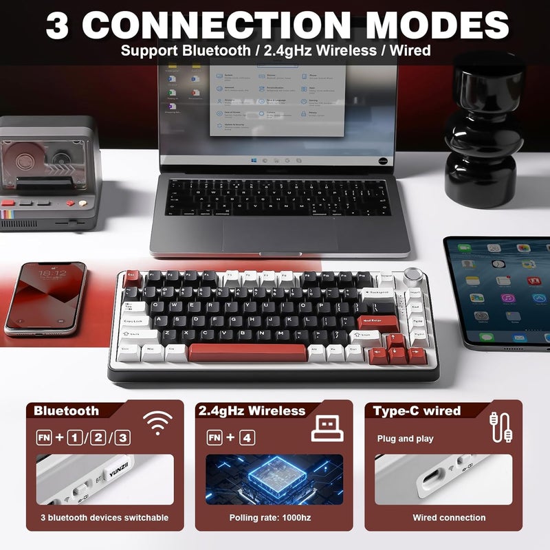 YUNZII B75 PRO Wireless Mechanical Keyboard,75% Layout with Knob,Hot Swap Gasket Custom Structure,Creamy Pre-lubed Switches,RGB Backlit,Bluetooth/Type-C/2.4G for Win/Mac (Blue Grey Switch,Black) - Image 3